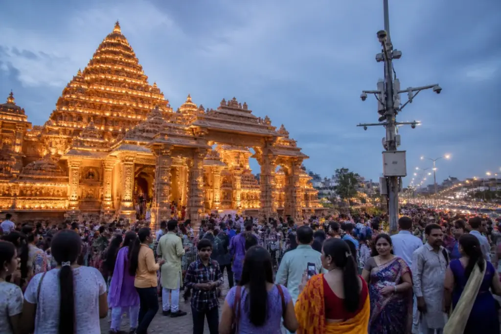 Patna Durga Puja pandal with an illuminated Khajuraho temple replica and crowds at Dak Bungalow