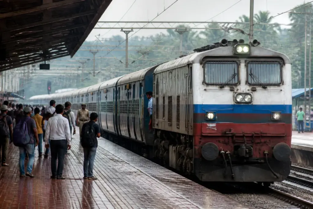 Mangaluru special trains at a railway station platform with passengers and coaches