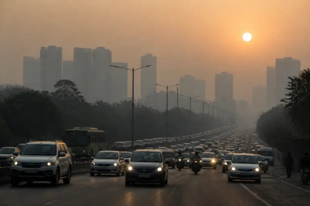 Delhi AQI pollution haze over a busy traffic corridor with residential buildings in the background
