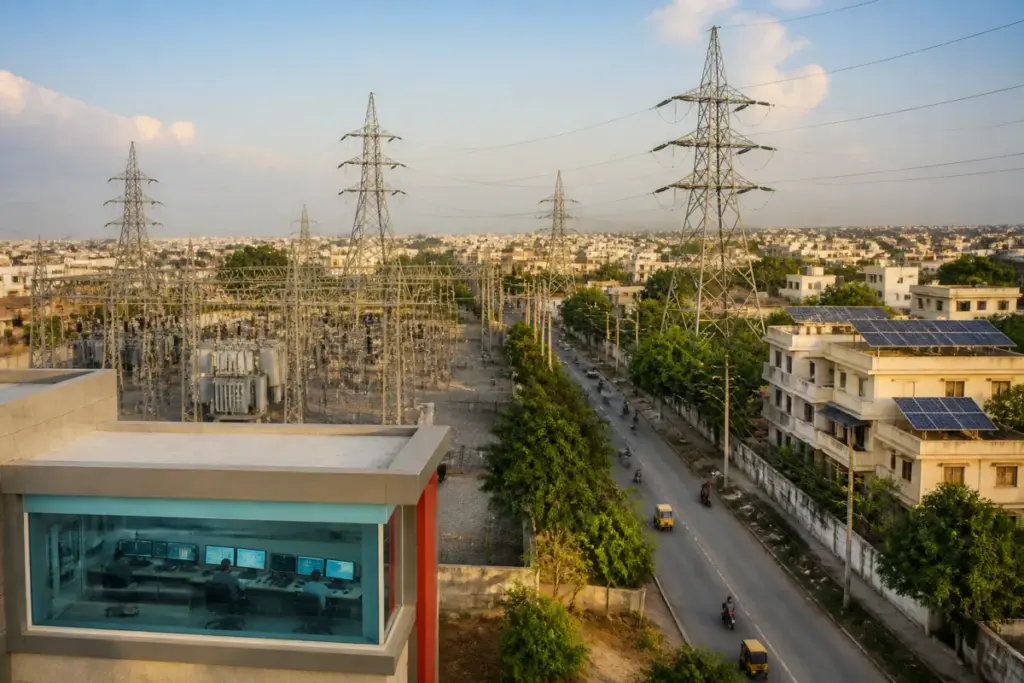 TGNPDCL electricity distribution network with rooftop solar panels and digital monitoring infrastructure