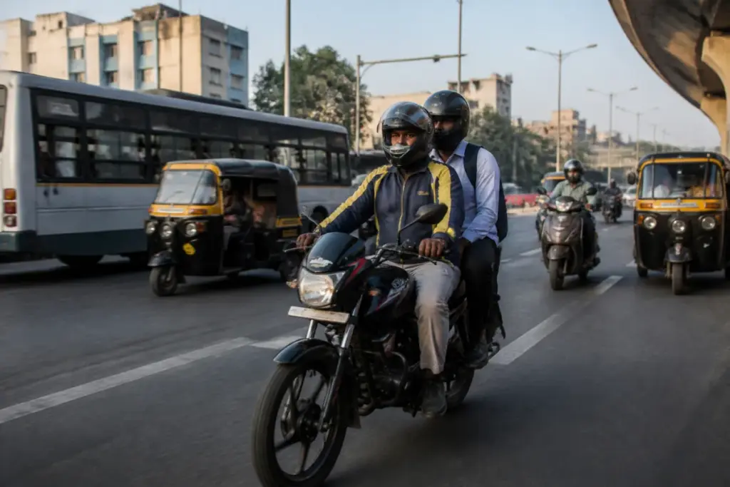 Pune Rapido bike taxi near an urban road, illustrating the transport regulation case.
