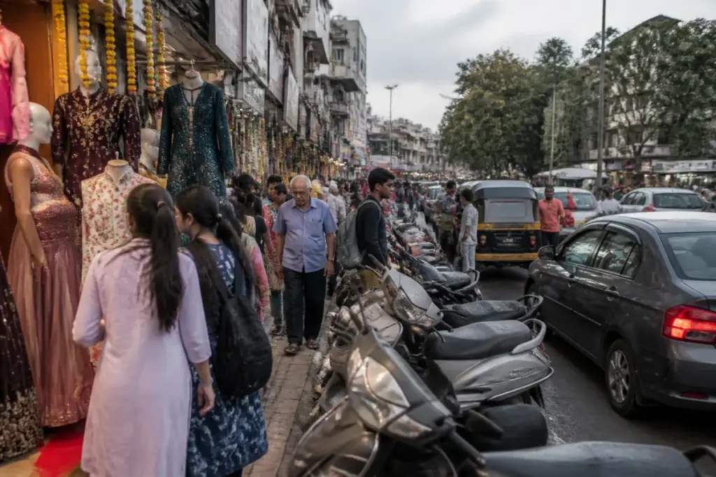 Pune footpath encroachment blocking pedestrians on a busy Shivajinagar road