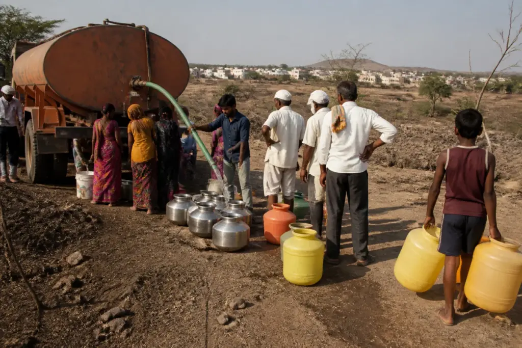 Water tanker supplying drinking water during Beed drought management operations in Maharashtra
