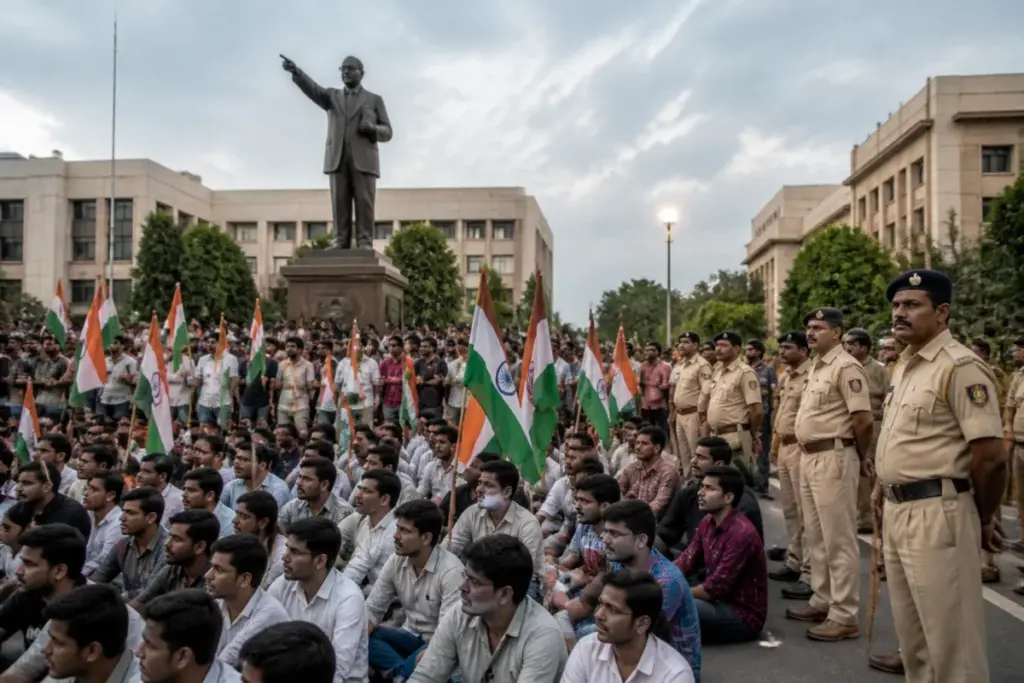 Pune protest near the district collectorate with young demonstrators carrying Indian flags