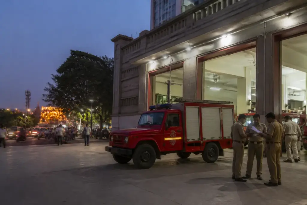Ahmedabad Fire Department vehicle outside a municipal fire station amid an internal administrative dispute