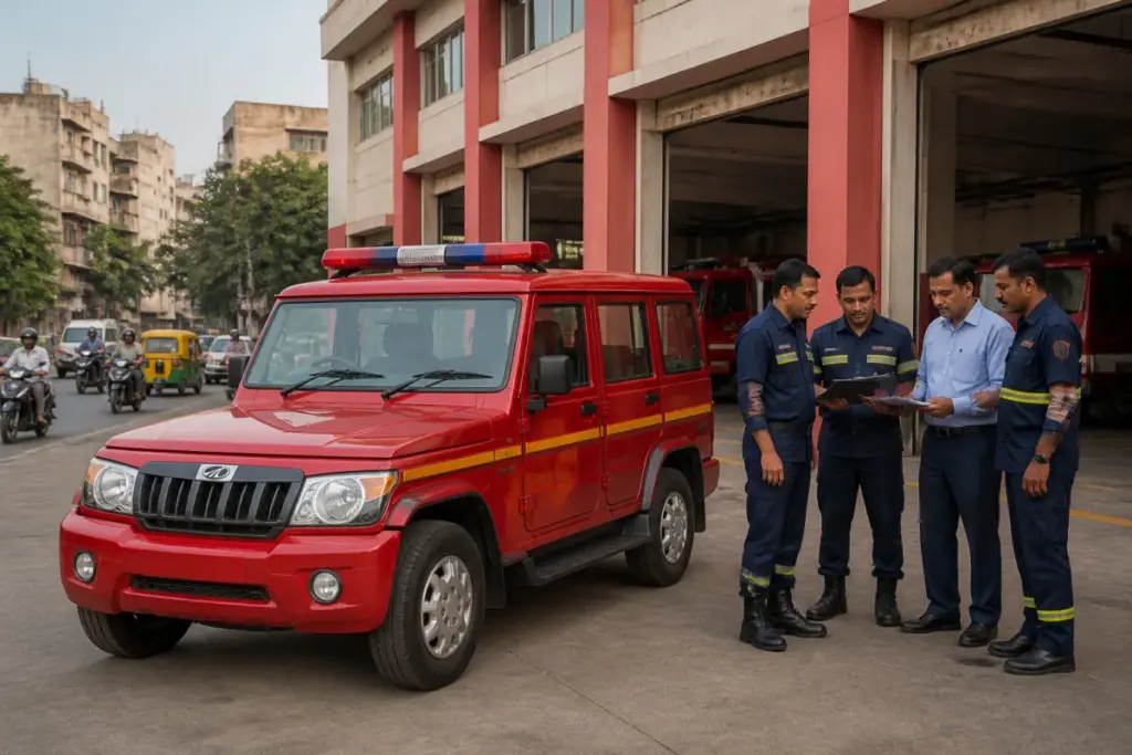 Ahmedabad Fire Department vehicle outside a municipal fire station