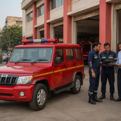 Ahmedabad Fire Department vehicle outside a municipal fire station