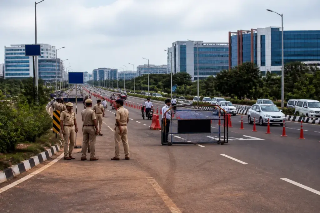 Bhubaneswar traffic arrangements near an official visit route with police and urban roads