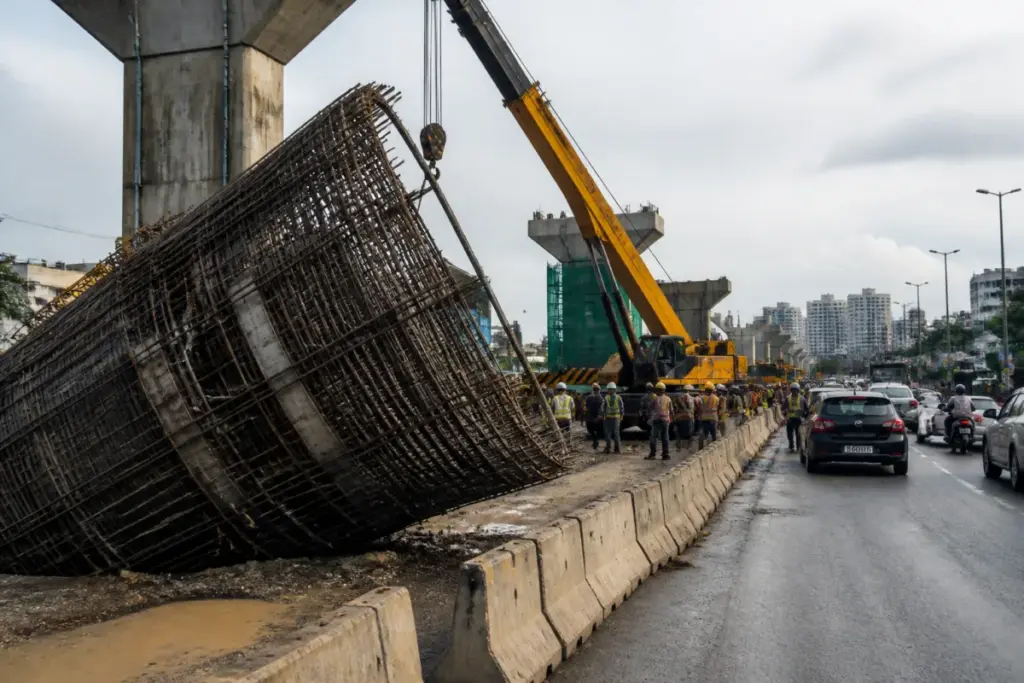 Thane construction safety incident at Kopri Bridge after a metal structure fell onto a car
