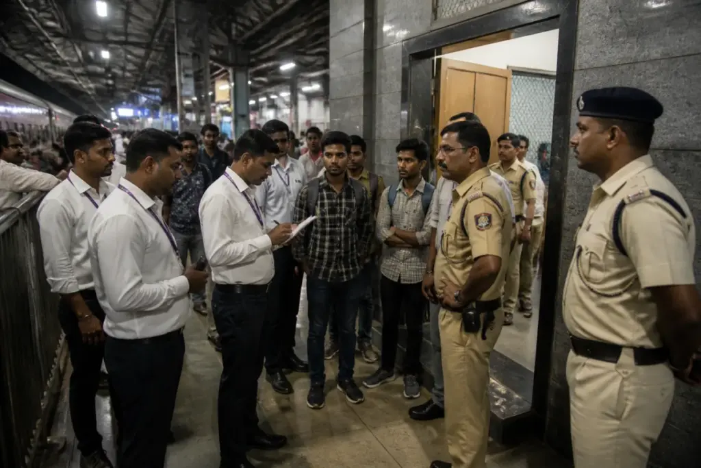 Kandivali Railway Station ticket-checking area during a tense passenger dispute