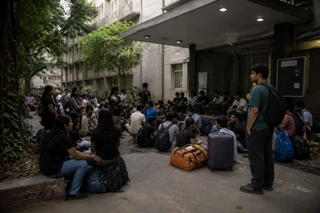 SRFTI students gathered outside a Kolkata campus amid a hostel eviction dispute