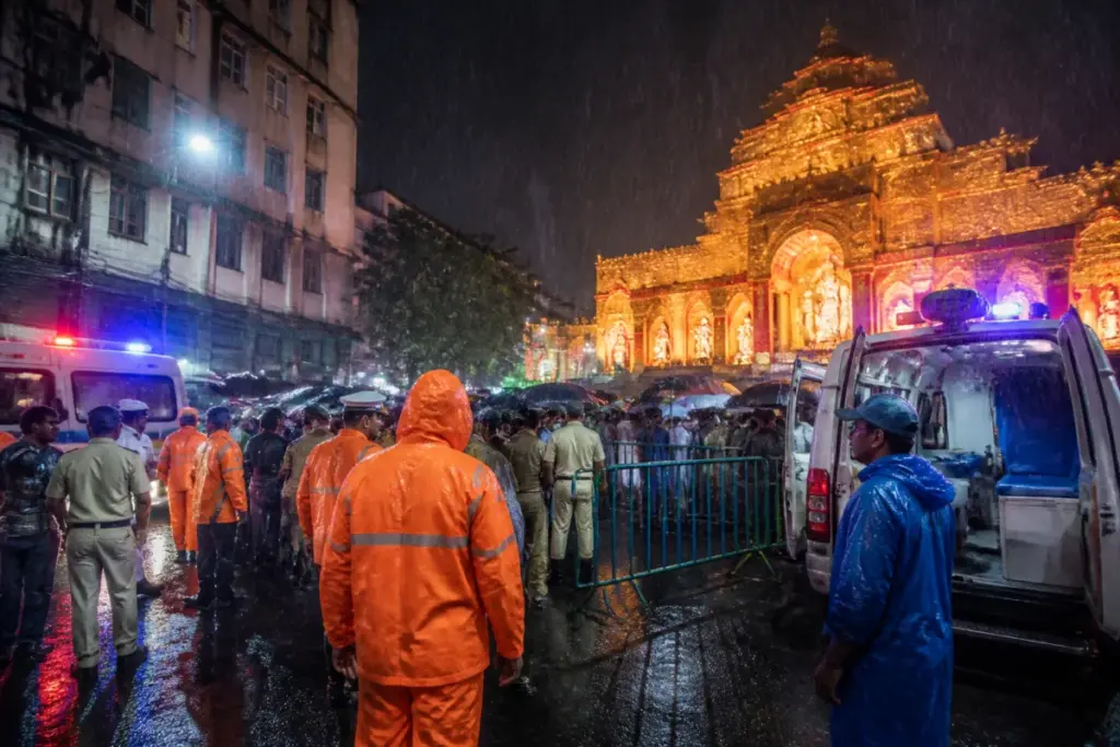Crowd outside a Kolkata Durga Puja pandal during rain after a reported stampede