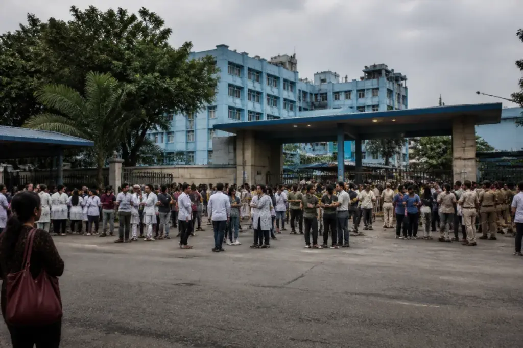 RG Kar case protest scene outside a Kolkata hospital with doctors and police presence