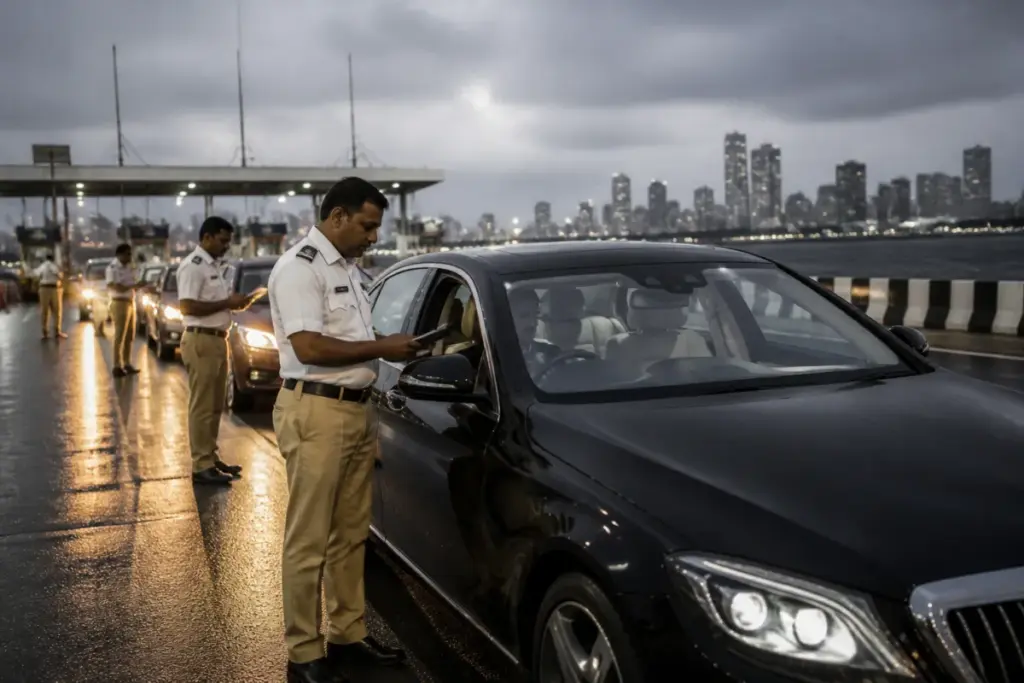 Mumbai RTO officials inspect luxury cars during a tax enforcement drive