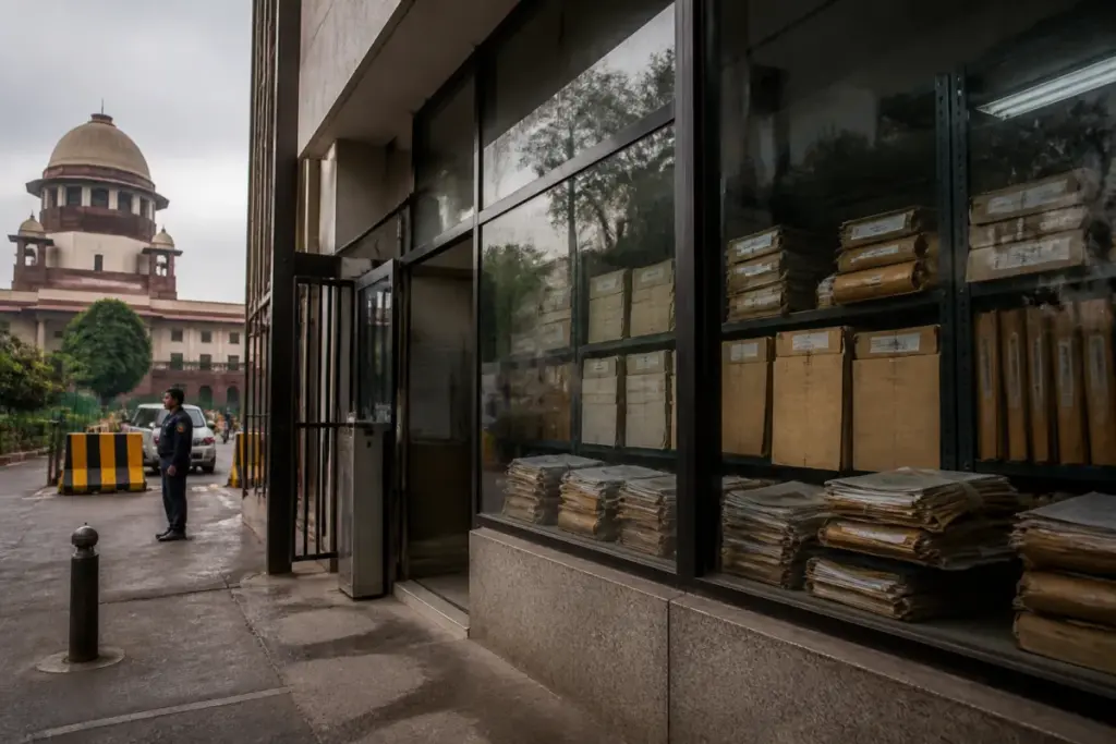 Delhi medical procurement scam case at a government health office and courthouse