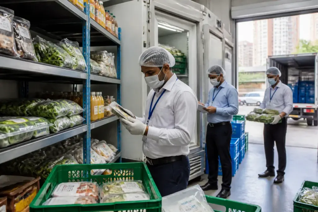 Delhi food safety inspections at an online food storage facility with crates and packaged products