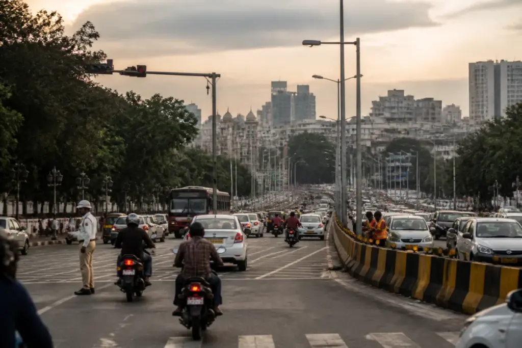 Telangana road safety measures on a busy Hyderabad road with traffic and safety infrastructure.