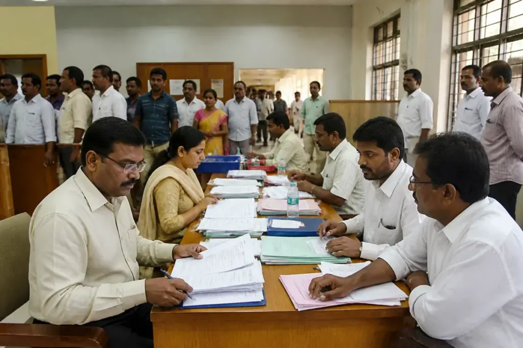 Vijayawada mayor election preparations at the Vijayawada Municipal Corporation headquarters