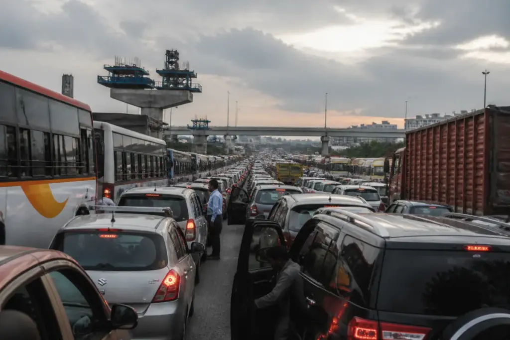 Hyderabad traffic jam near a highway during the Dasara travel rush