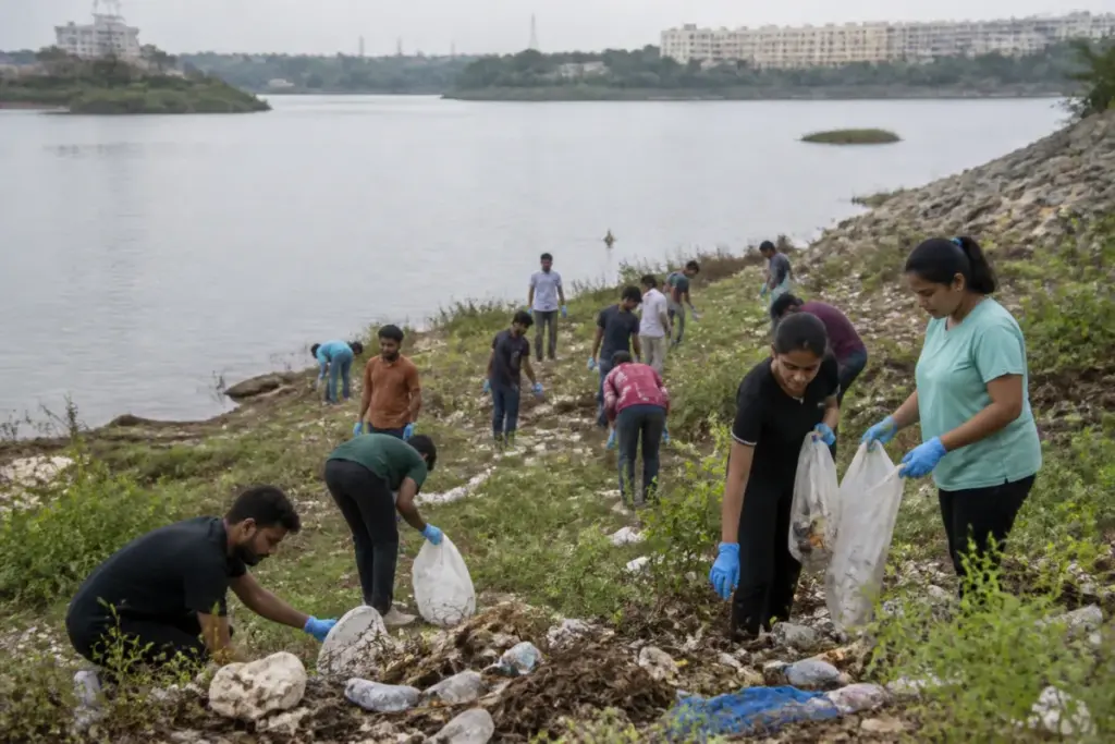 Volunteers clean plastic waste around Meghadrigedda Reservoir in Visakhapatnam