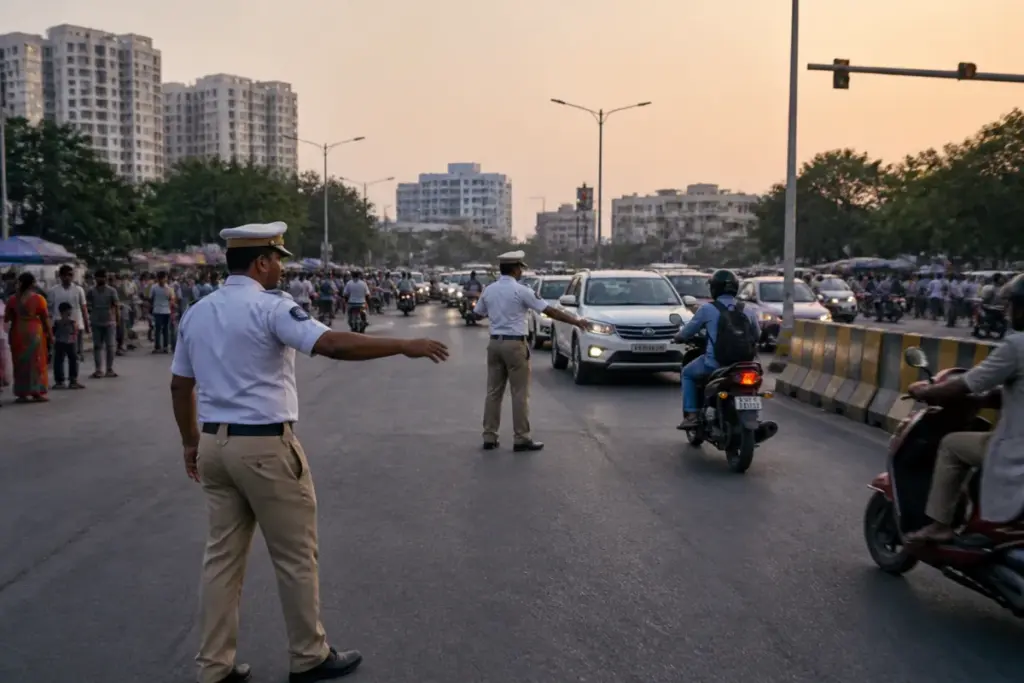 Kukatpally traffic advisory showing a busy Hyderabad road near IDL Lake