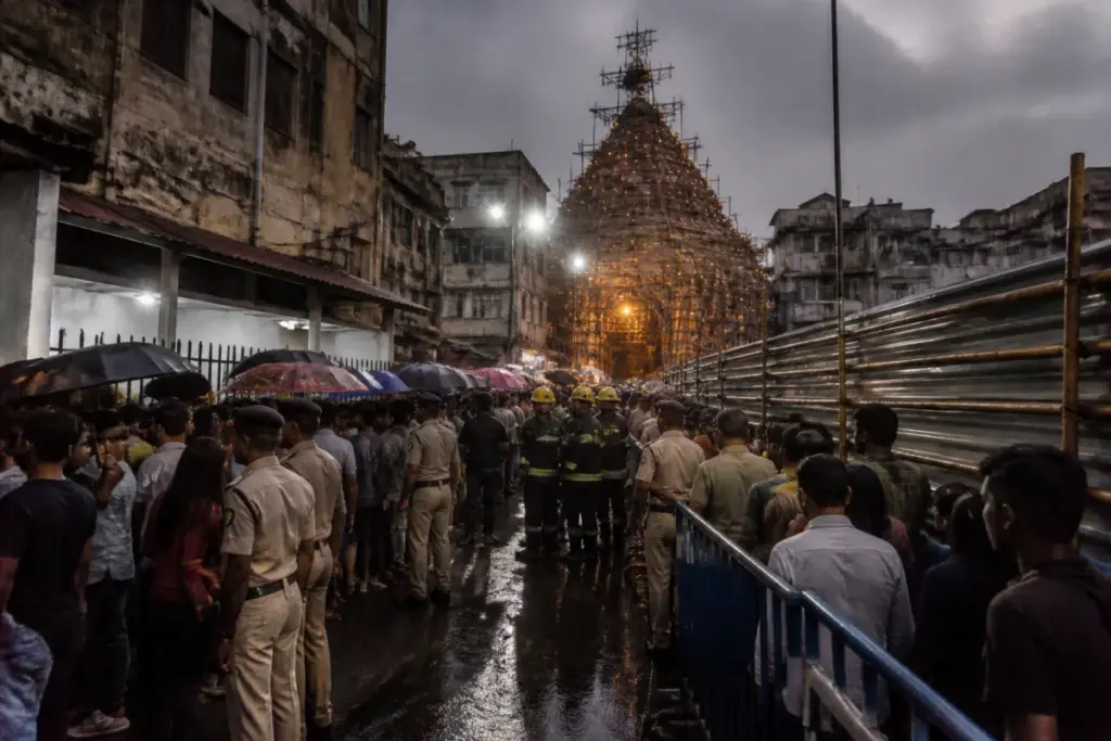 Crowd-control barriers and emergency response outside a Kolkata Durga Puja pandal