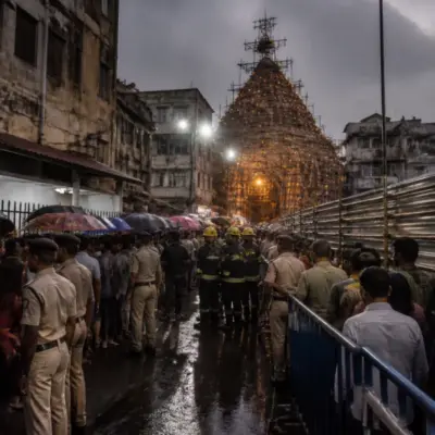 Crowd-control barriers and emergency response outside a Kolkata Durga Puja pandal