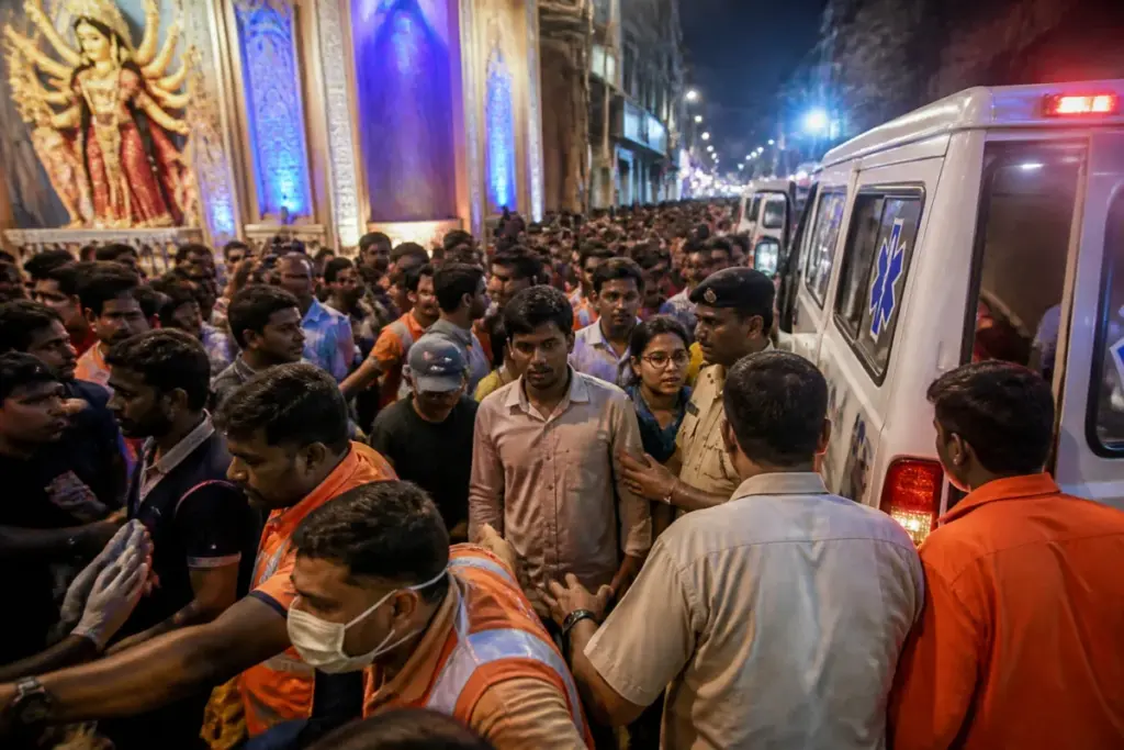 Kolkata Durga Puja stampede site near a crowded community pandal in north Kolkata