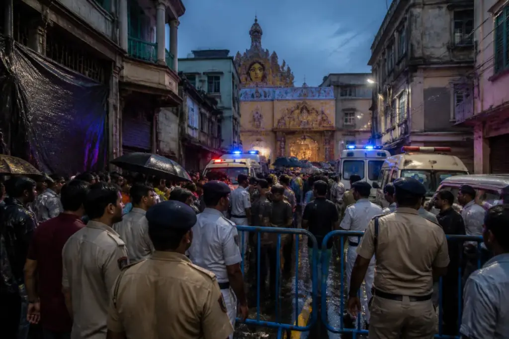 Kolkata Durga Puja stampede site near the crowded Chorbagan pandal after rain