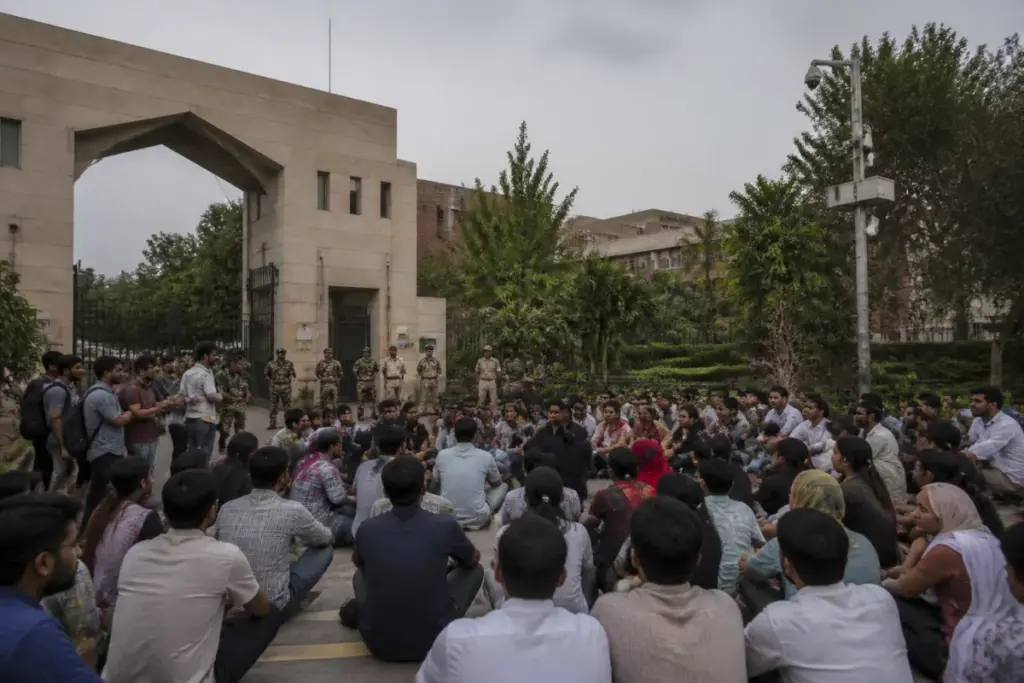 Jamia student union protest near Jamia Millia Islamia campus buildings in Delhi