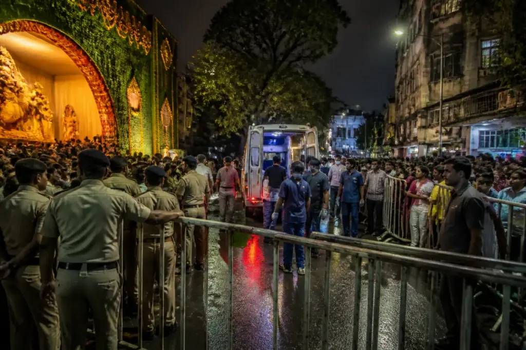 Kolkata pandal stampede response outside a Durga Puja venue with police and emergency vehicles
