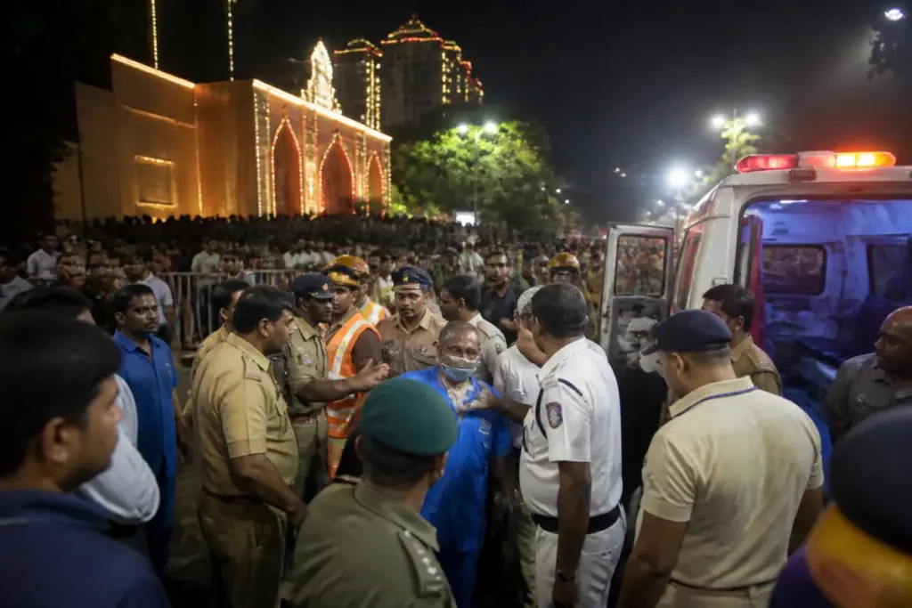 Kolkata Durga Puja stampede site with crowds and emergency response activity near a pandal
