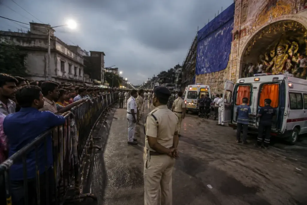 Police restrict access near a Kolkata Durga Puja pandal after the stampede