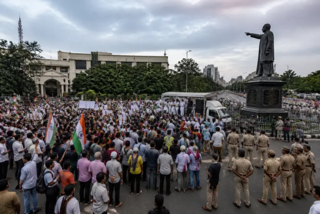 Pune protest rally near the Dr B R Ambedkar statue at the District Collectorate