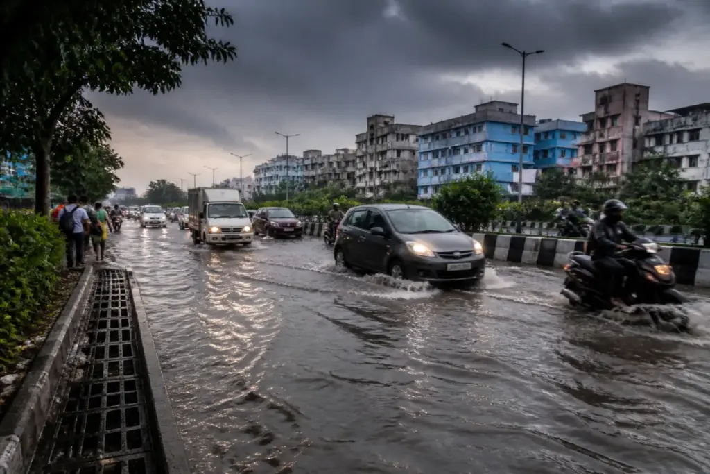 Chennai heavy rain flooding a busy north Chennai street during the northeast monsoon