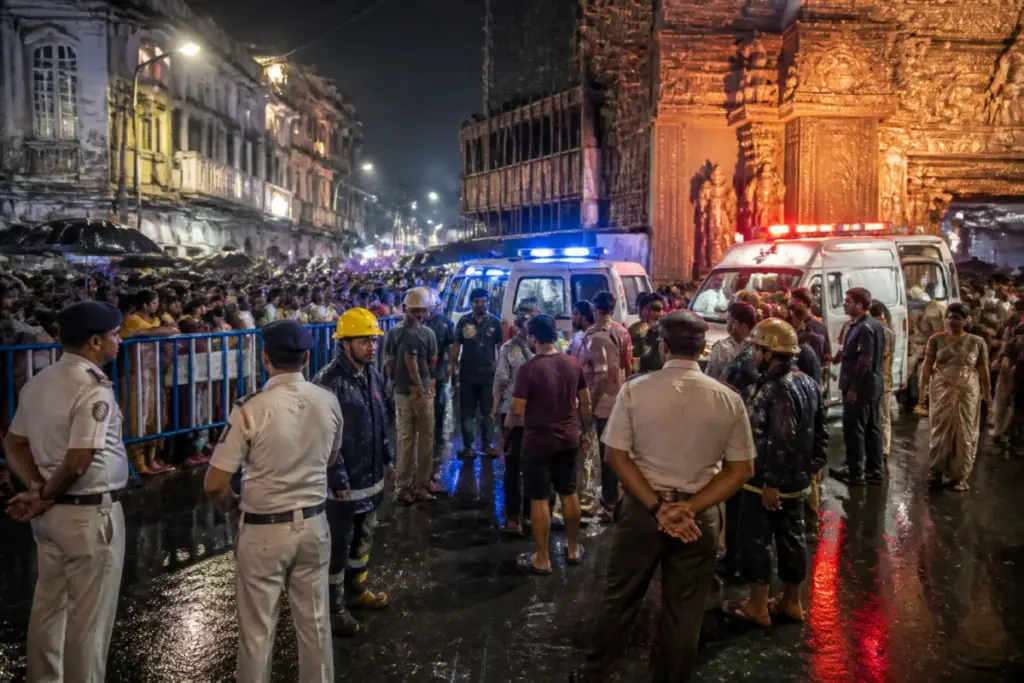 Kolkata pandal stampede aftermath near a crowded Durga Puja venue in north Kolkata