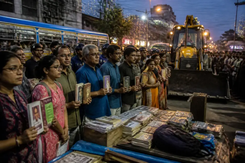 People holding books block a bulldozer near a Jadavpur book stall in Kolkata.