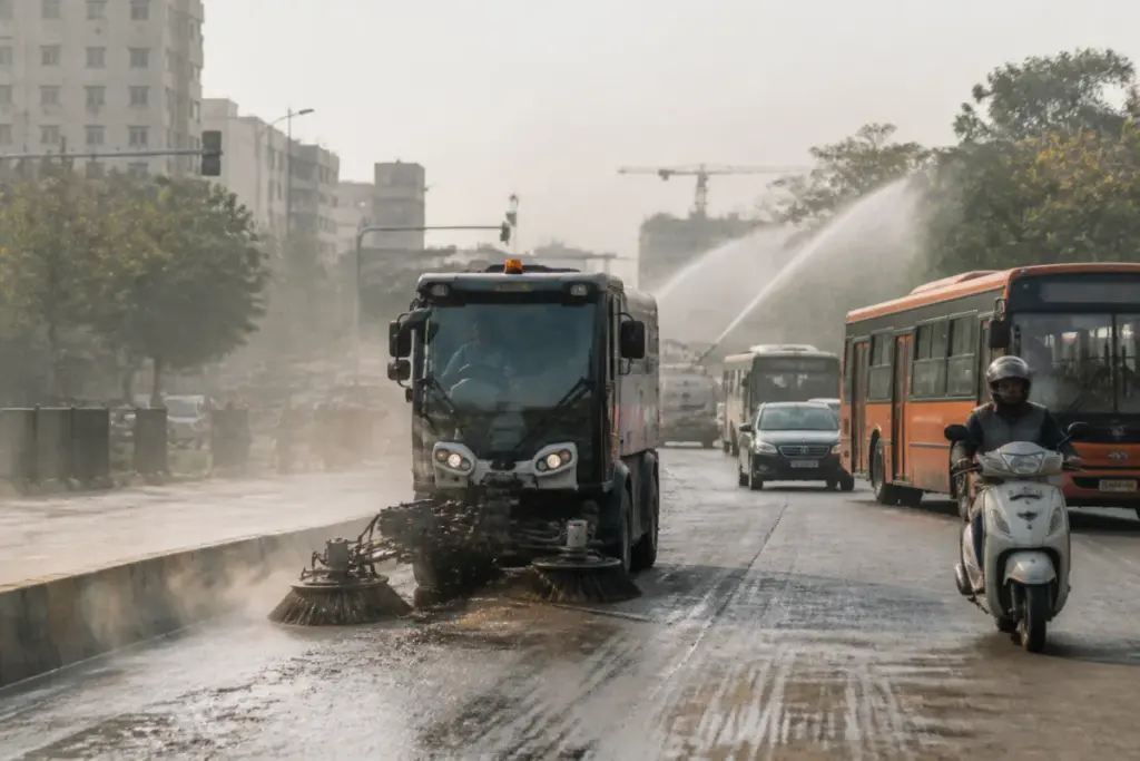 Delhi air quality monitoring amid winter pollution-control measures on a city road