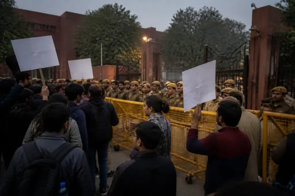 Jamia hunger strike protest near a university campus gate in New Delhi
