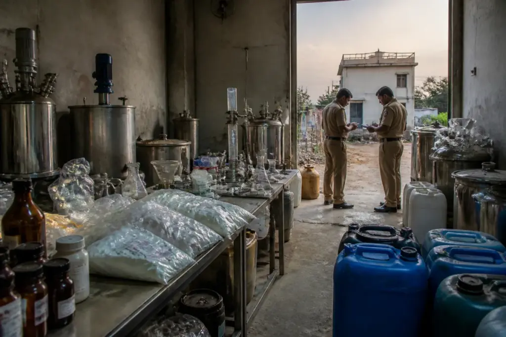 NCB operation at Greater Noida drug labs with seized chemicals and laboratory equipment