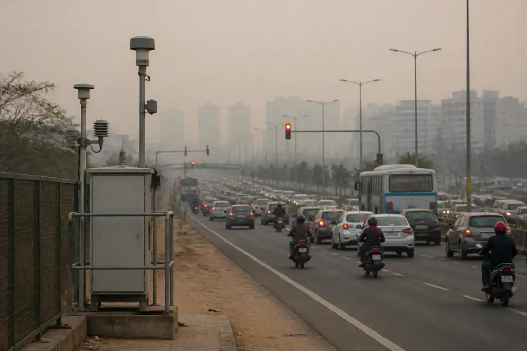 Delhi AQI haze over a busy road with traffic and low-visibility urban conditions