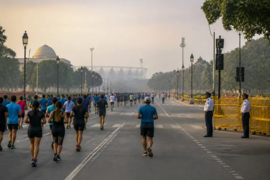Delhi Half Marathon runners near central Delhi roads under a traffic advisory