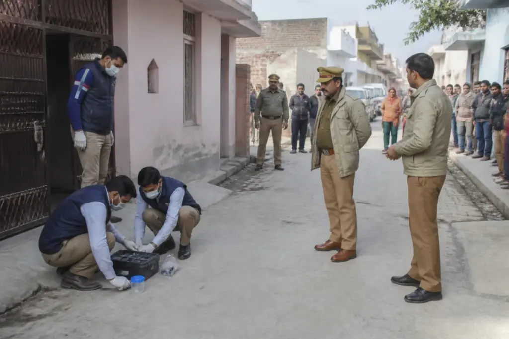 Police and forensic teams investigate the Greater Noida family deaths in Rabupura