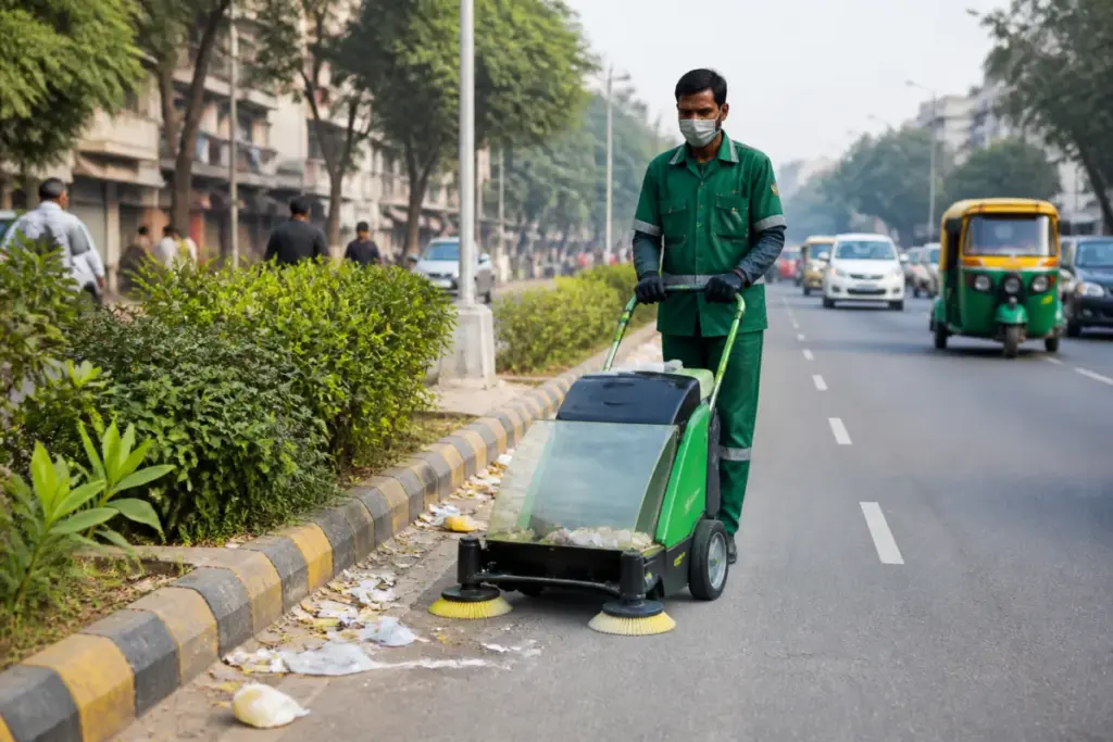 Mechanical litter-picking machine planned for Delhi waste management on an urban road.