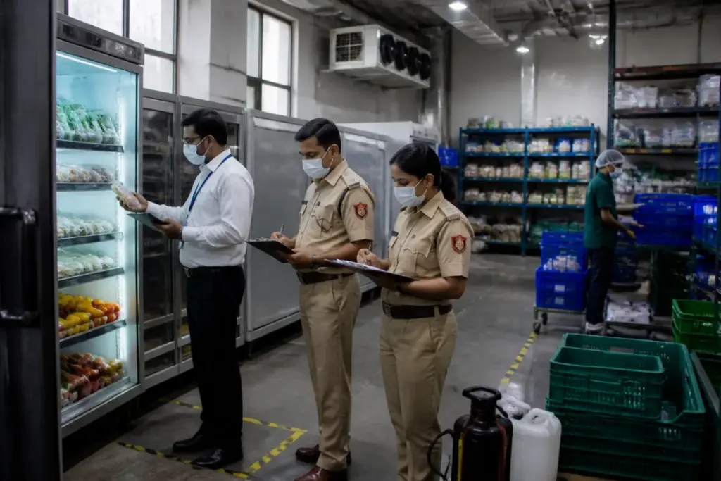 Delhi food safety inspections at an online food storage facility with crates and packaged products