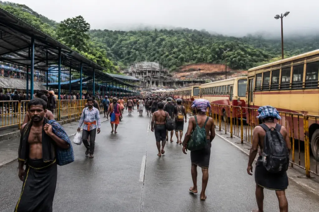 Sabarimala pilgrimage preparations at Pamba and Nilackal with buses and temporary crowd facilities