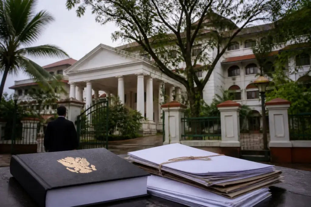 Kerala HC detention rights represented by a courthouse and constitutional documents