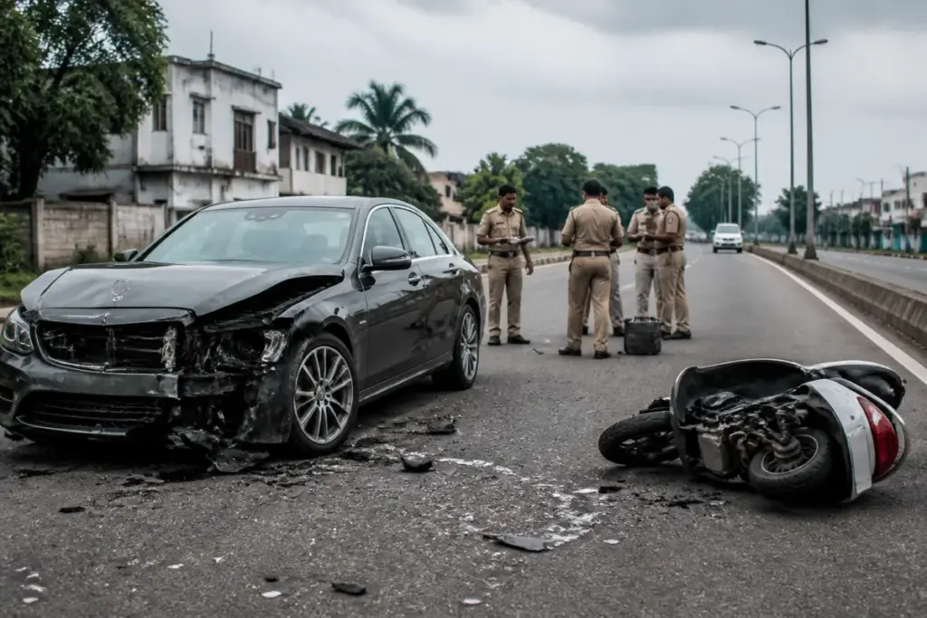 Police investigation at a road crash site linked to the Kochi Mini Cooper crash.