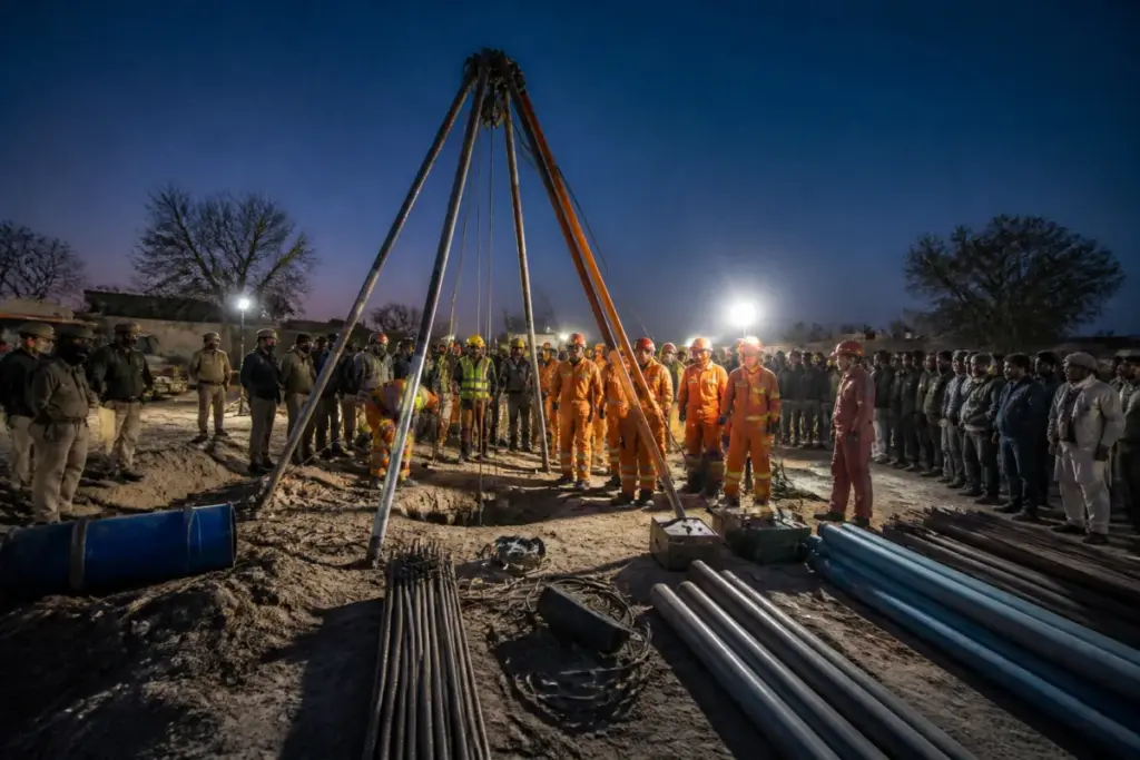 Rescue teams work around a deep borewell during the Phalodi borewell rescue operation.