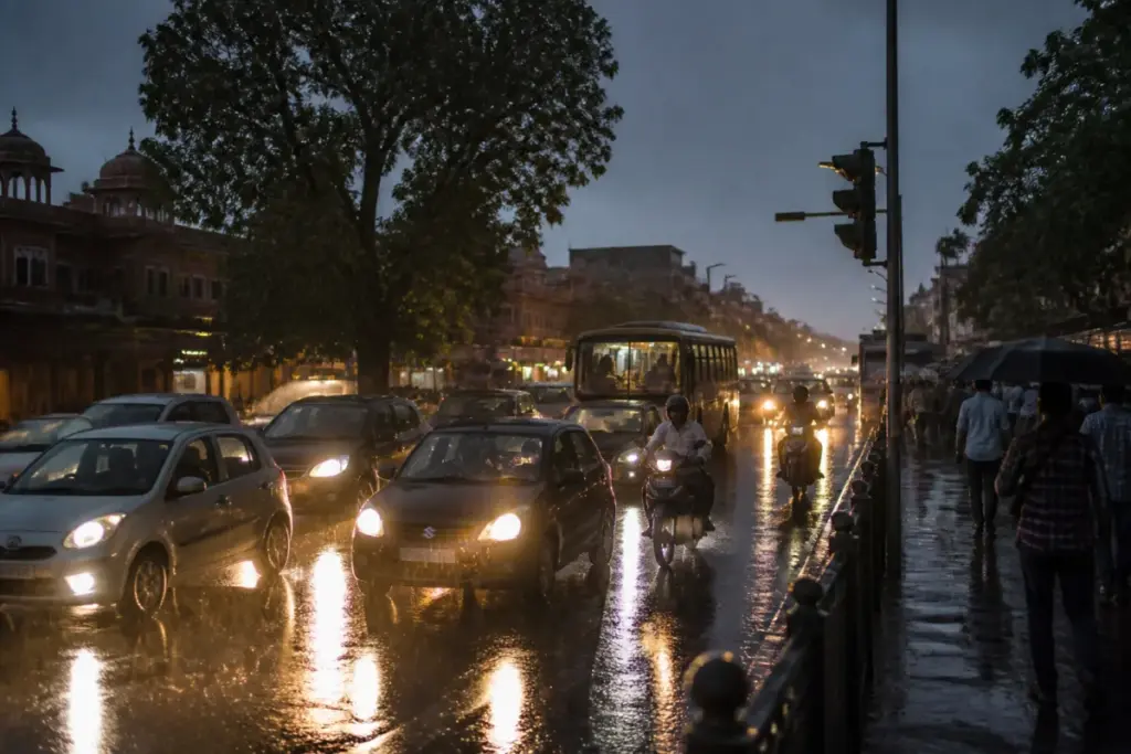 Jaipur rain causing traffic congestion on a city road during the evening rush hour
